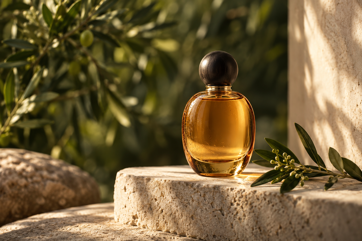 Example reference photograph: amber bottle, stone pedestal, and botanical background
